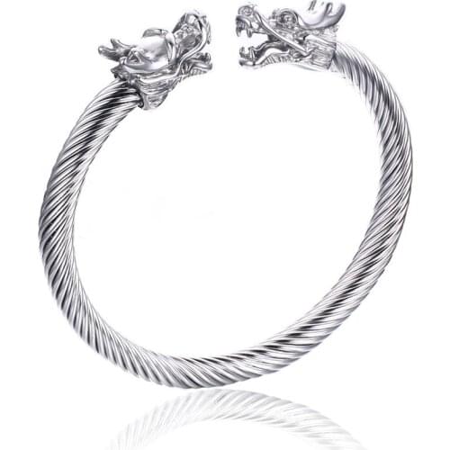 Naga Double Head Dragon Terminal Bracelet for Men Stainless Steel Twisted Cable Cuff Bangle Adjustable Elastic Male Jewelry