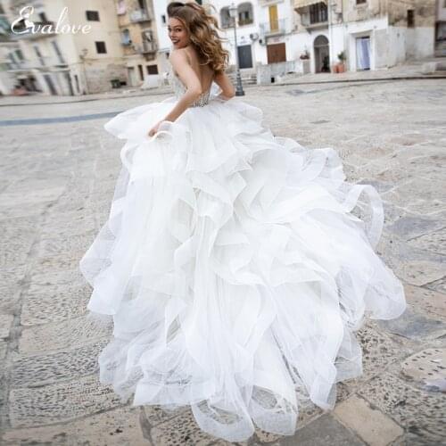 EVALOVE Romantic Sweetheart Neck Backless A-Line Wedding Dress Luxury Spaghetti Straps Beading Ruched Tulle Princess Bridal Gown