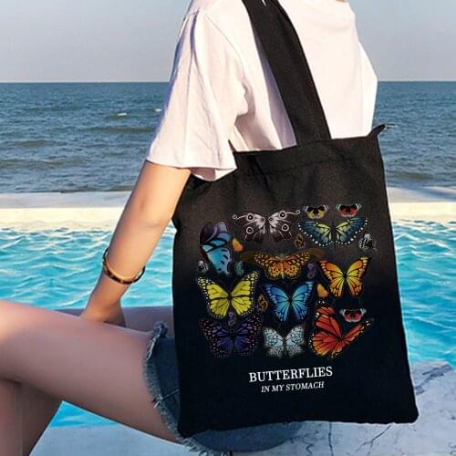 New Ins Retro Style Colorful Butterfly Print Harajuku Canvas Tote Bag Environmental Protection Ladies No Zipper Shoulder Bags