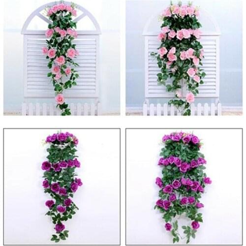 Artificial Flower Rattan Fake Flower Vine Decoration Wall Hanging Roses Home Decor Accessories Wedding Decorative Flowers Wreath