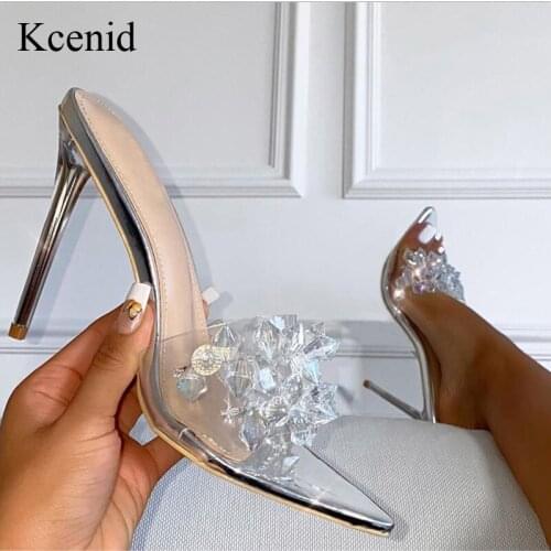 Kcenid New Elegant Crystal PVC Women Slippers Sandals Summer Pointed Toe High Heels Sexy Slides Woman Party Shoes Pumps Silver