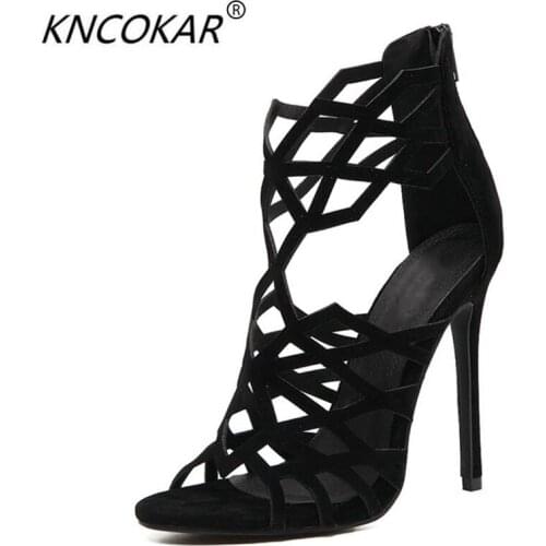 KNAOKAR European and American magazines show thin geometric line sexy nightclub 11cm hollow back zipper heel high heel sanda