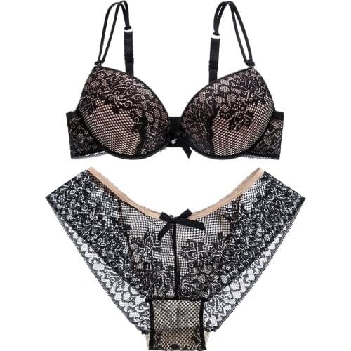 Women Push Up Bra Sets Under Pants Lace Padded Embroidery Brassiere Flower Bra Sets & Panty 28-38 A B C D Cup