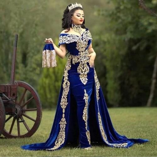 Royal Blue Moroccan Kaftan Caftan Muslim Evening Dresses A-line Off The Shoulder Applique Dubai Arabic Turkey Abaya Islamic Gown