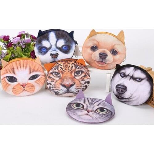 3D Printing Lovely Cute Cat Dog Animal Face Print Zipper Coin Purses Purse Wallets Makeup Mini Bag Pouch Over