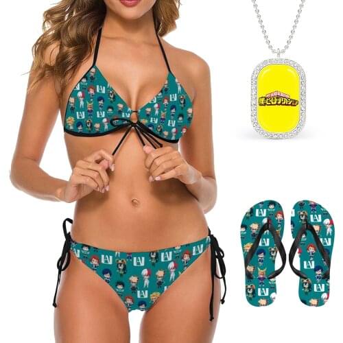 MHA Sexy Bikinis Necklace Slipper Cosplay My Hero Academia Backless Push Up Swimsuit Anime 3 Piece Women Beach Summer Swimwear