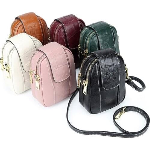 Mobile phone bag womens small bag 2021 new messenger bag soft leather vertical double-layer zipper shoulder bag multi-color
