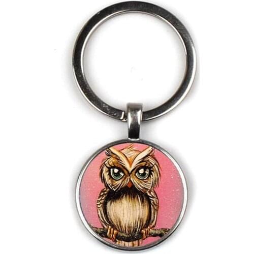 Fashion Cute Owl Art Pattern Keychain Concave Glass Pendant Key Ring Charm Men and Women Children Key Chain Gift Party Souvenir