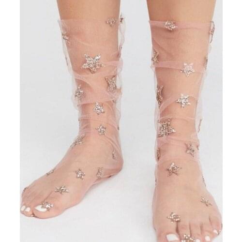 Newest Women clothes casual Glitter Thin Soft sequin Star print Sheer Mesh Spandex Socks one pairs