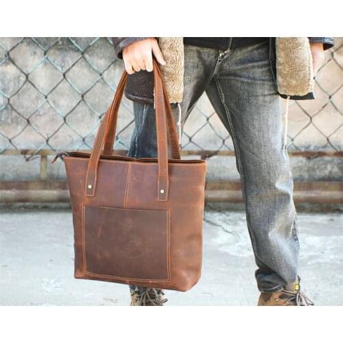 2021 New Spring Vintage Genuine Leather Handbag Unisex Large Capacity Tote Soft Cowhide Men Classic Brand Handmade Shoulder Bag