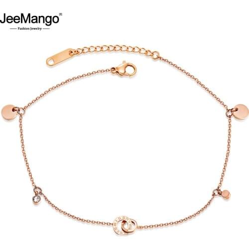 JeeMango Titanium Steel Bohemia Beach Chain & Link Anklets For Women Girls Trendy CZ Crystal Roman Numerals Charm Anklet JA19044