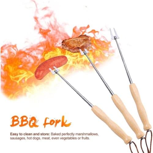 Camping Grill Bar Retractable Wooden Stainless Steel Barbecue Fork For BBQ Hot Dog Telescopic Camping Campfire Accessories