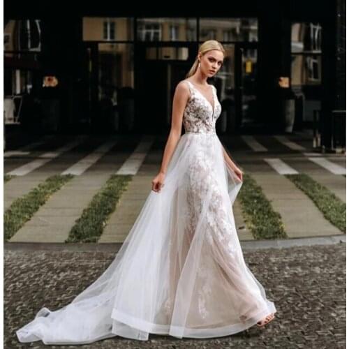 Backless Wedding Dresses A-line V-neck Tulle Appliques Lace Boho Dubai Arabic Wedding Gown Bridal Dress Vestido De Noiva