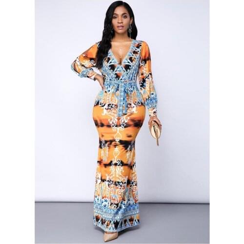 Felyn 2020 Best Quality Fashion Design Dress Print V-neck Long Sleeve Sexy Celebrity Party Maxi Dress Vestidos