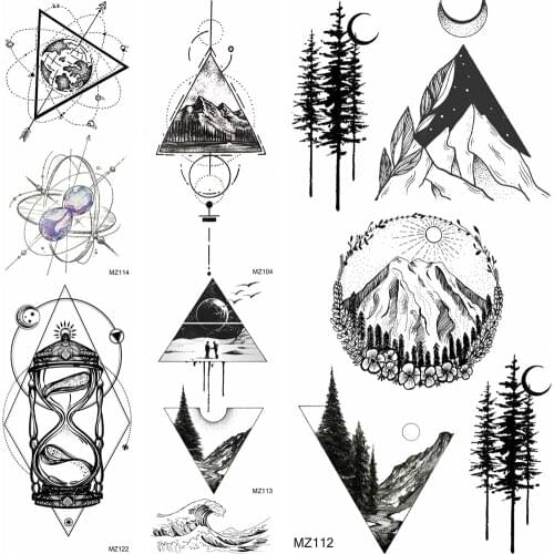 Geometric Mountain Planets Temporary Tattoos Sticker Fake Black Forest Galaxy Tattoos For Women Men Body Art Tattoos For Holiday