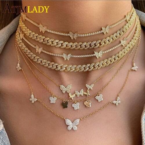 New Gold Filled Iced Out Hiphop Bling Wide Miami Curb Cuban Link Chain Rock CZ Butterfly Choker Women Chain Adjust Size Necklace