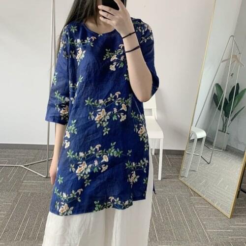 Women Loose Printed Linen Ramie Shirt Blouse Tops Ladies Vintage Long Tops Female Half Sleeve Tops 2021 Summer