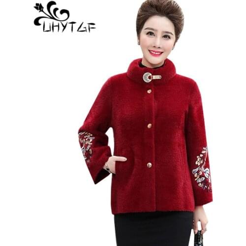 UHYTGF Women winter wool coats luxury Mink Cashmere autumn coat female elegant mother short tops loose plus size woolen coat 897