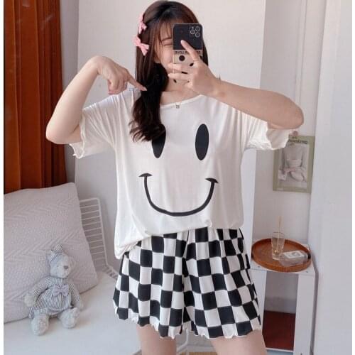 2021 Summer Short Sleeve Shorts Modal Pajama Set for Women Plaid Pants Loose Sleepwear Suit Pyjama Homewear Pijama Mujer Clothes