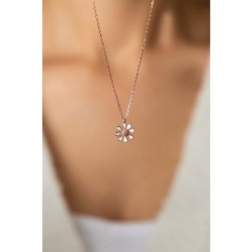Womens Rose Plated Enamel Daisy Pattern 925 Sterling Silver Necklace