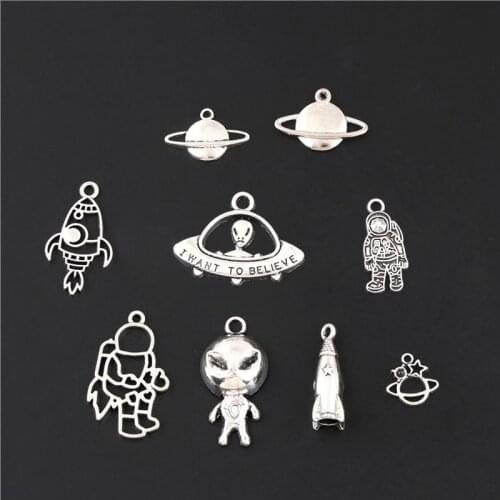 18pcs Mix Silver Color Alien Rocket Space Explorer Charms Astronaut Earth Pendant Jewelry Making DIY Handmade M67