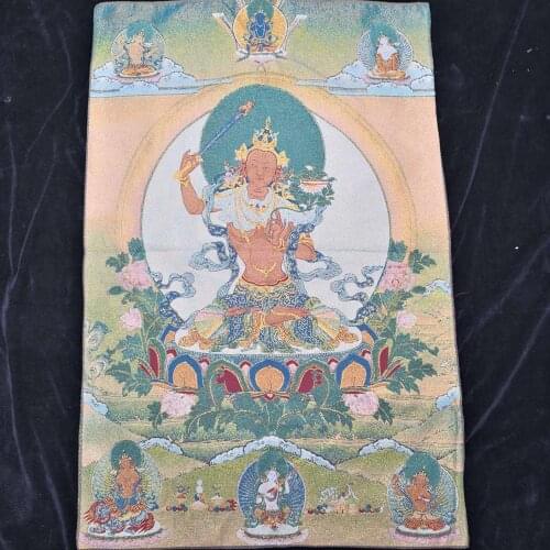 35" Thangka embroidery Tibetan Buddhism silk embroidery brocade Nepal Raise the sword Bodhisattva Manjushri Buddha Thangkas