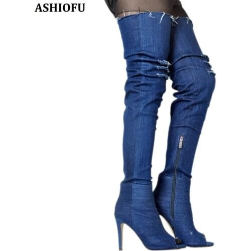 ASHIOFU Handmade Women Thigh High Boots Peep-toe Sexy Stocking Over Knee Boots Party Prom Fashion Evening Long Boots Shoes