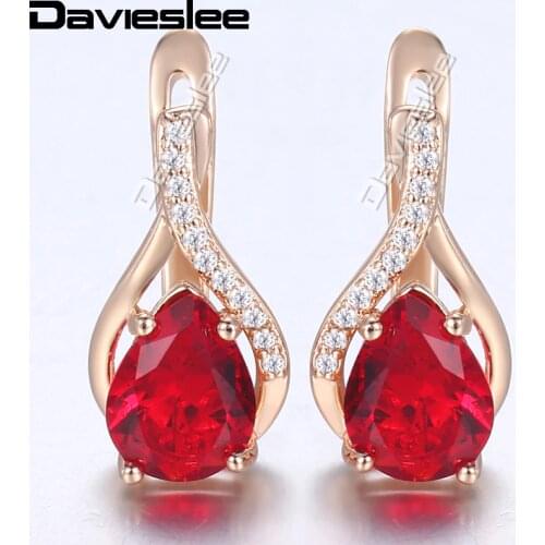 Davieslee 585 Rose Gold Filled Earrings Water Shaped Red Stone Paved Clear CZ For Women Stud Earrings Fashion Jewelry LGE175