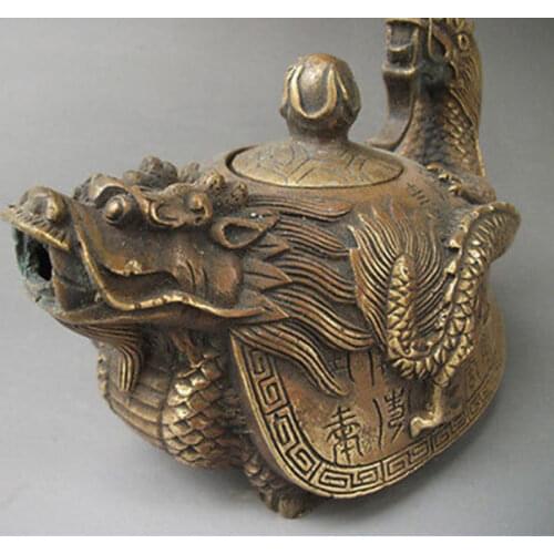 Chinese Old Rare Oriental copper Signed carved Dragon Teapot Statues decoration brass factory outlets
