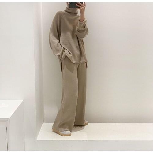 Two Piece Set Pullover Sweater Tracksuit Women High Waist Knit Wide Leg Pants Women Suit 2 Piece Set Women Winter 2021