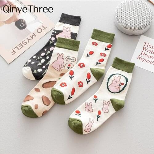 Cute Cartoon Rabbit Expression Happy Funny Harajuku Hipster Socks Bunny And Flowers Rose Planet Story Socks Christmas Gift