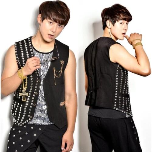 Rivets men vest camiseta hombre personalized singer dance stage street star style sleeveless clothing punk rock dress black