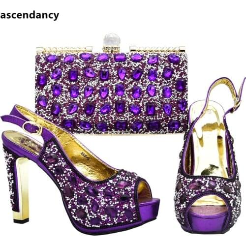 Latest Design Nigerian Shoes and Matching Bag African Wedding Shoe and Bag Set Decorated with Rhinestone Wedding Shoes for Women