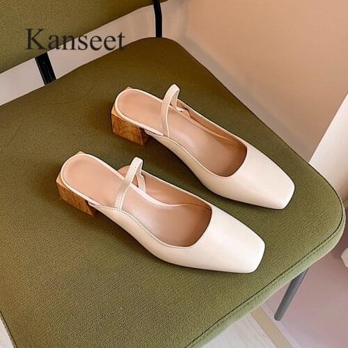 Kanseet 2021 New Womans Sandals Summer High Quality Genuine Leather Dress Handmade Square Toe Back Strap Fashion Mid Heel Shoes