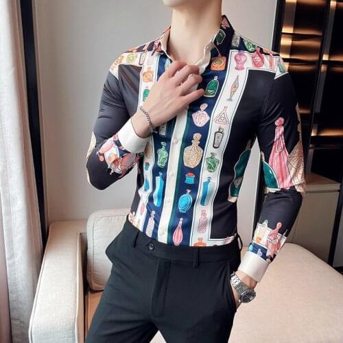 2021 Autumn New Long Sleeeve Shirts for Men Fashion Fun Print Casual Shirt British Style Slim Tops High Quality Camisa Masculina