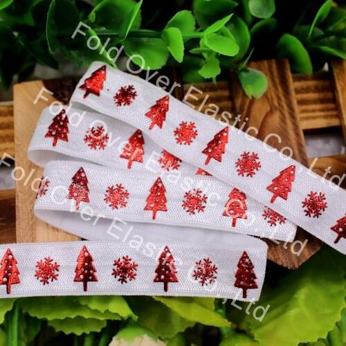 New design!! 5/8" red foil tree printed fold over elastic for christmas 029 white foe elastic 100yards/lot wholesale