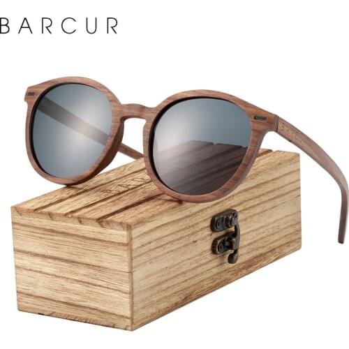 BARCUR 2021 Deisgn Stylish Cat Eey Walnut Wood Sunglasses Round Polarized Men Women Sun glasses UV400 Wood Box