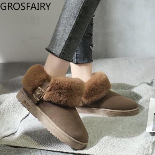 Autumn and winter warm boots womens flat-heeled round toe plus velvet warm plush cotton shoes boots womens shoes