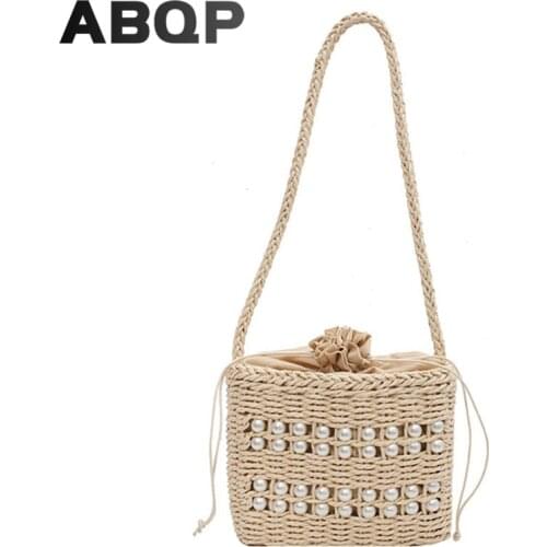 ABQP Beach Bags For Women Solid Color Female Straw Bag Luxury Pearl Female Shoulder Bag Summer Cross Body Bags For Women