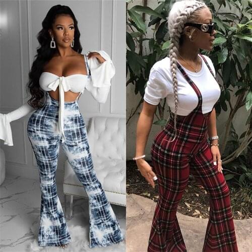 Casual High Waist Sling Jumpsuits Women Wide Leg Loose Rompers High Waist Bandage Pants Plaid Long Trousers Womens Overalls