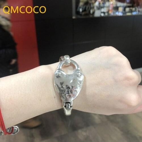 QMCOCO 925 Silver Bracelet INS Fashion Creative Heart-Shape Lock Geometric Handmade Vintage Punk Hiphop Party Jewelry Gifts