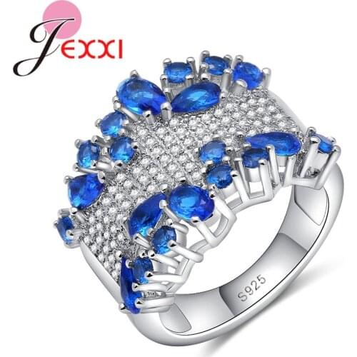 Luxury Women Rlower Rhinestone Rings with Double Blue Crystal Fine Solid 925 Sterling Silver Brand Jewelry for Wedding