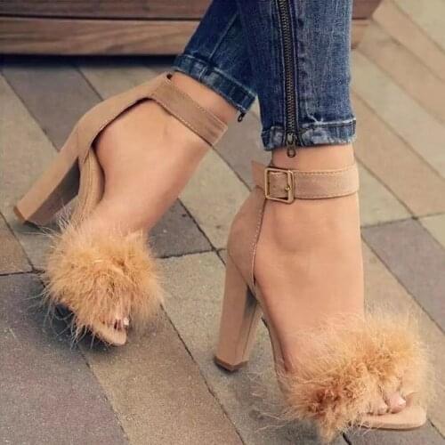 Women Fluffy Plush Fur Sandals Cute Furry Fur High Heel Shoes Ladies Party Buckle Strap Non-slip Shoes Solid Color Flock Shoes
