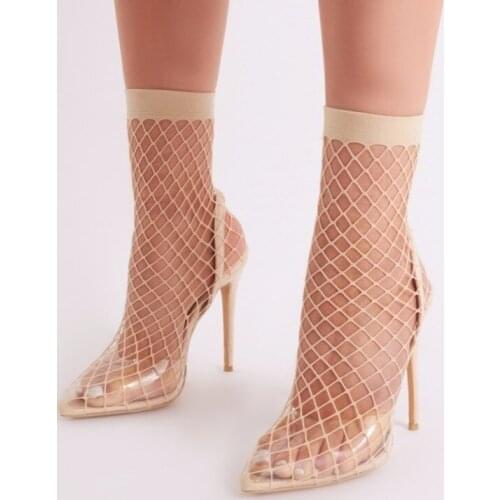 Shoes Woman Heels Sexy Mesh Hollow Out Nude Sandals PVC Transparent Classic Pointed Toe Pump Stiletto Elastic Band Sandal Shoes