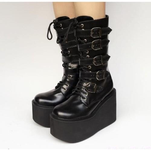 Japanese Harajuku Thick Platform Punk Goth Cosplay Boots Women PU Leather Buckle Straps Lace Up High Boots Halloween