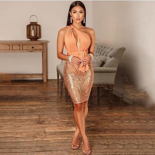 Sexy One Shoulder Night Club Party Dresses Women Evening Elegant Sequin Spliced Pencil Dress Sleeveless Backless Bodycon Dress