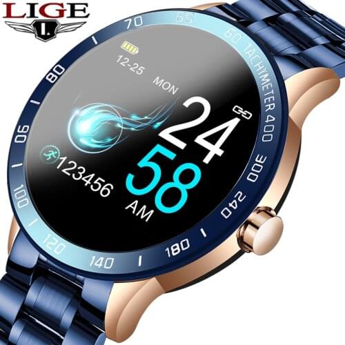 LIGE steel smart waterproof watch men leather smart watch sport For iPhone Heart rate blood pressure Fitness tracker smartwatch