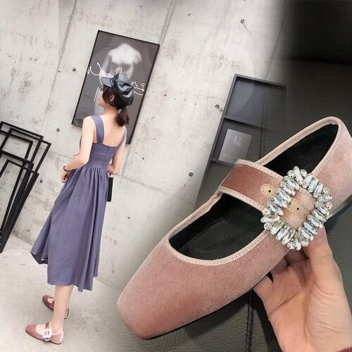 Square head flat shoes square buckle rhinestone velvet spring and autumn Mary Jane shoes woman buckle womens shoes