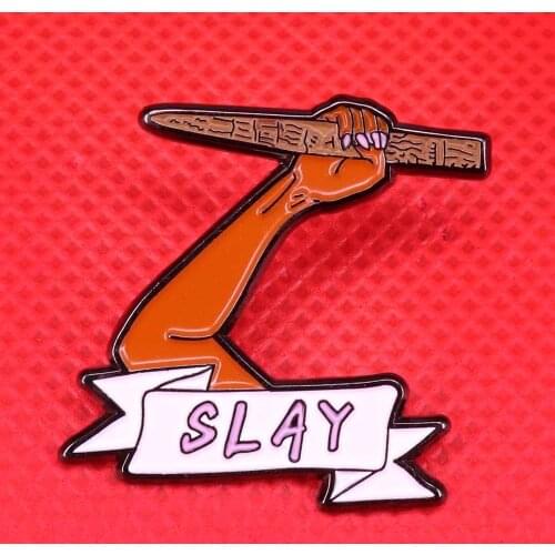 Slay Buffy wooden stake enamel pin girly demon slaying brooch pretty manicure badge 80s horror pin feminist jewelry Vampire Slay