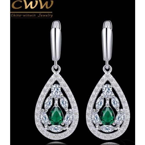 CWWZircons Gorgeous Pear Drop Shape Green Cubic Zirconia Crystal Big Long Ear Piercing Hoop Earrings For Women CZ161